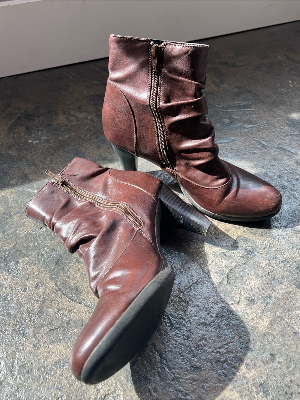 Brown Leather Ruched Mid-Heel Ankle Boots